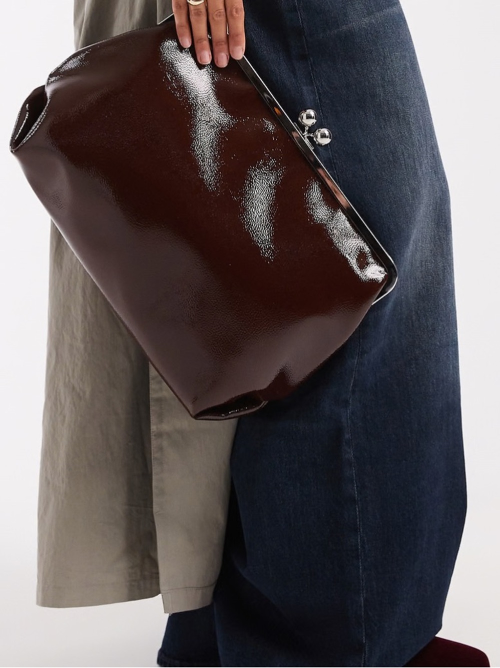 New, never used. ASOS Dark Brown High Shine Oversized Frame Clutch